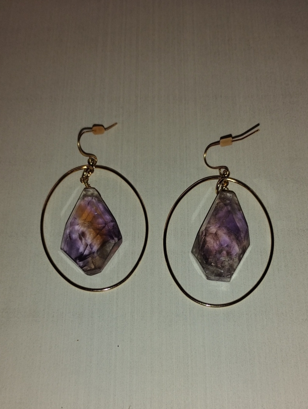 Raw Faceted Amethyst Gemstone Gold Hoop Dangle Drop Earrings Boho Crystal NWOT